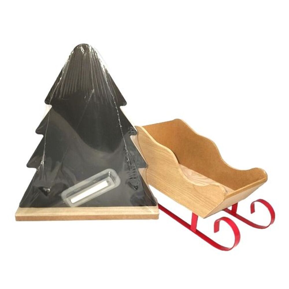 Holiday Decor Bundle of Wood & Metal Sled and Christmas Tree Chalkboard